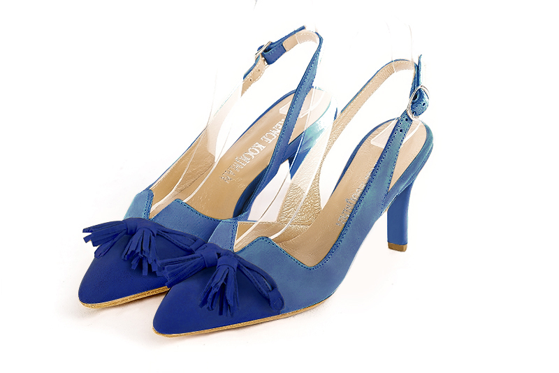 Electric blue women's open back shoes, with a knot. Tapered toe. High slim heel. Front view - Florence KOOIJMAN